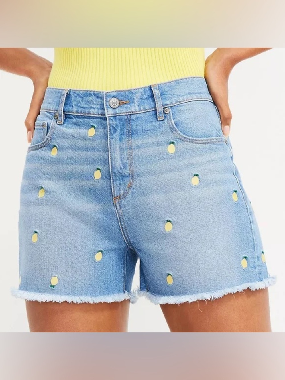 Light Blue Denim Shorts with Yellow Lemon Embroidery